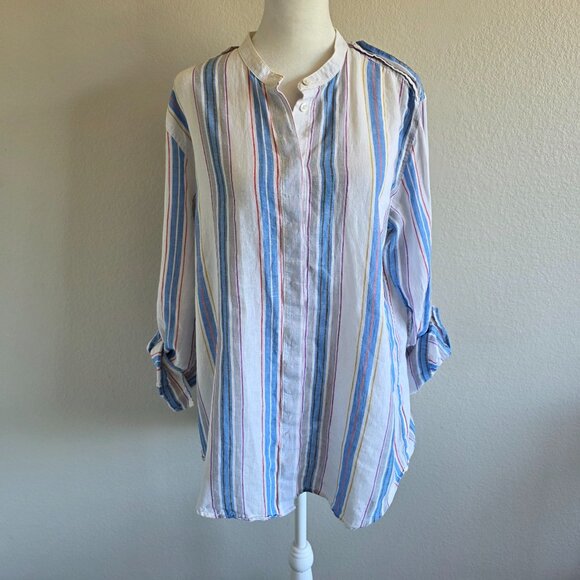 AG Adriano Goldschmied Linen Cotton Button Shirt Roll Tab Sleeve Women Size L - Picture 1 of 8